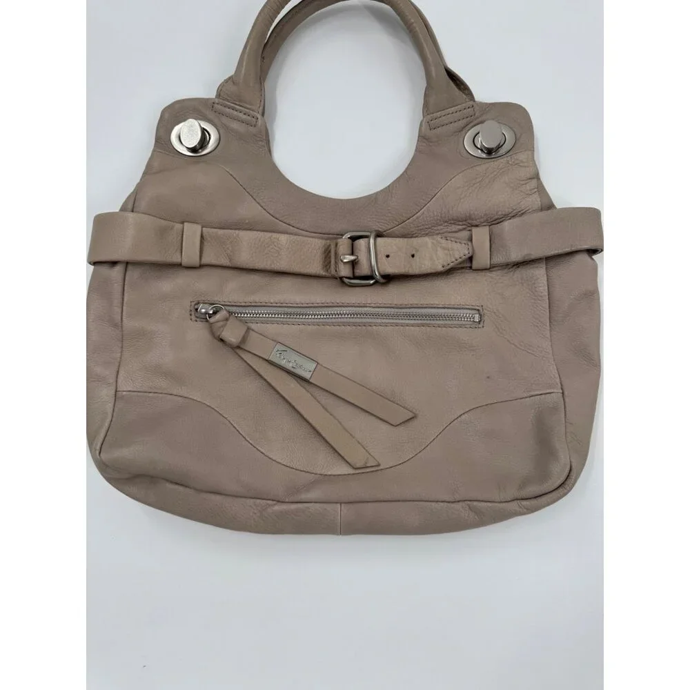 Foley + Corinna Jet Setter Taupe Leather Shoulder Bag With Front Zipper Pocket